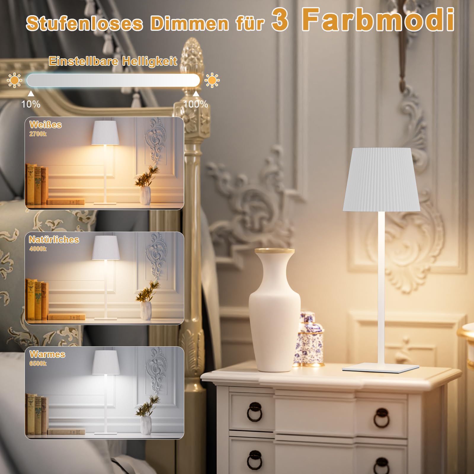 Lampada da Tavolo Senza Fili Touch Dimmerabile Ricaricabile 3 colori 4800mah Luce Notturna Lampada da Comodino USB-C Metallo Adatto per interni ed esterni Bianco (2 pezzi)
