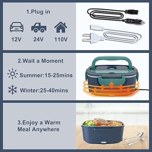 Miniatura 6 de Nifogo Fiambrera eléctrica con calentador de alimentos de 80 W, fiambreras térmicas para hombres, 1.5 l, lonchera eléctrica para adultos, portátil,