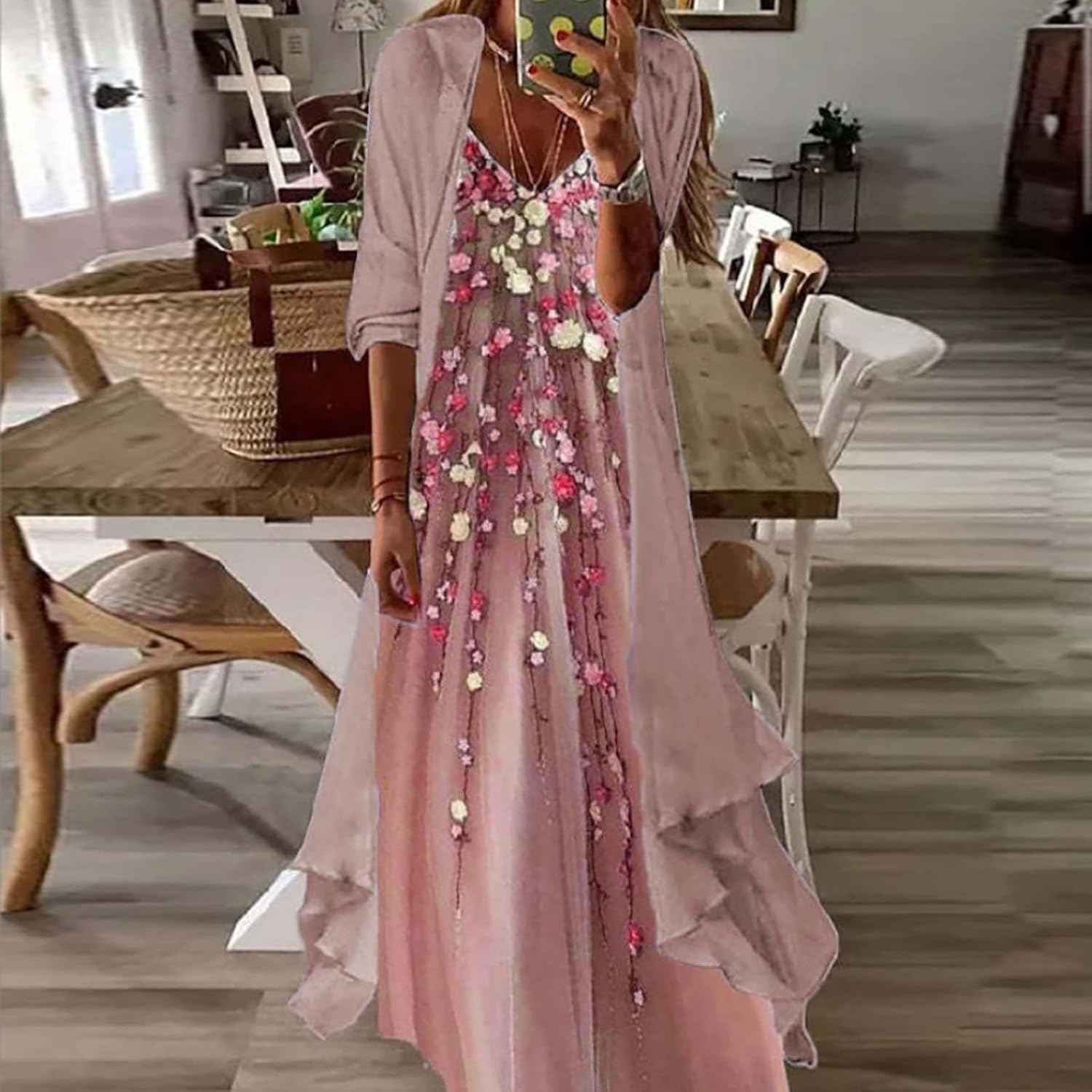 Women Floral Print Maxi Dresses Casual V Neck Flowy Dress with Cardigan Set Dressy Dress Summer Two Piece Sets