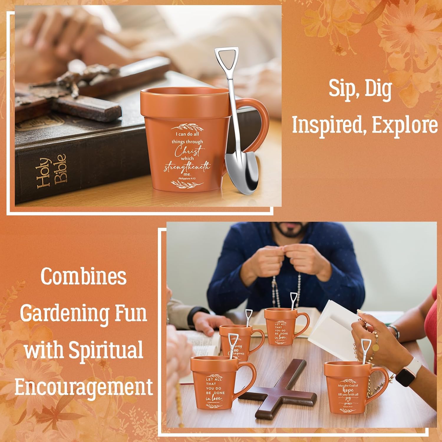 12 Pcs Mother's Day Christian Gifts for Women 11oz Flowerpot Bible Verse Coffee Mugs with Shovel Spoons Bulk Religious Gifts for Mom Grandma Church Pastor Sunday School Teacher Team(Leaf)