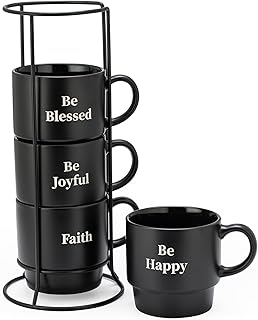 Signature Housewares Stackable Coffee Mug Tower Set with Metal Wire Rack - 15 Ounce Coffee Mugs for Coffee, Tea, Cocoa, Milk, Cappuccino, Hot Chocolate Set of 4 - Be Happy Matte Black
