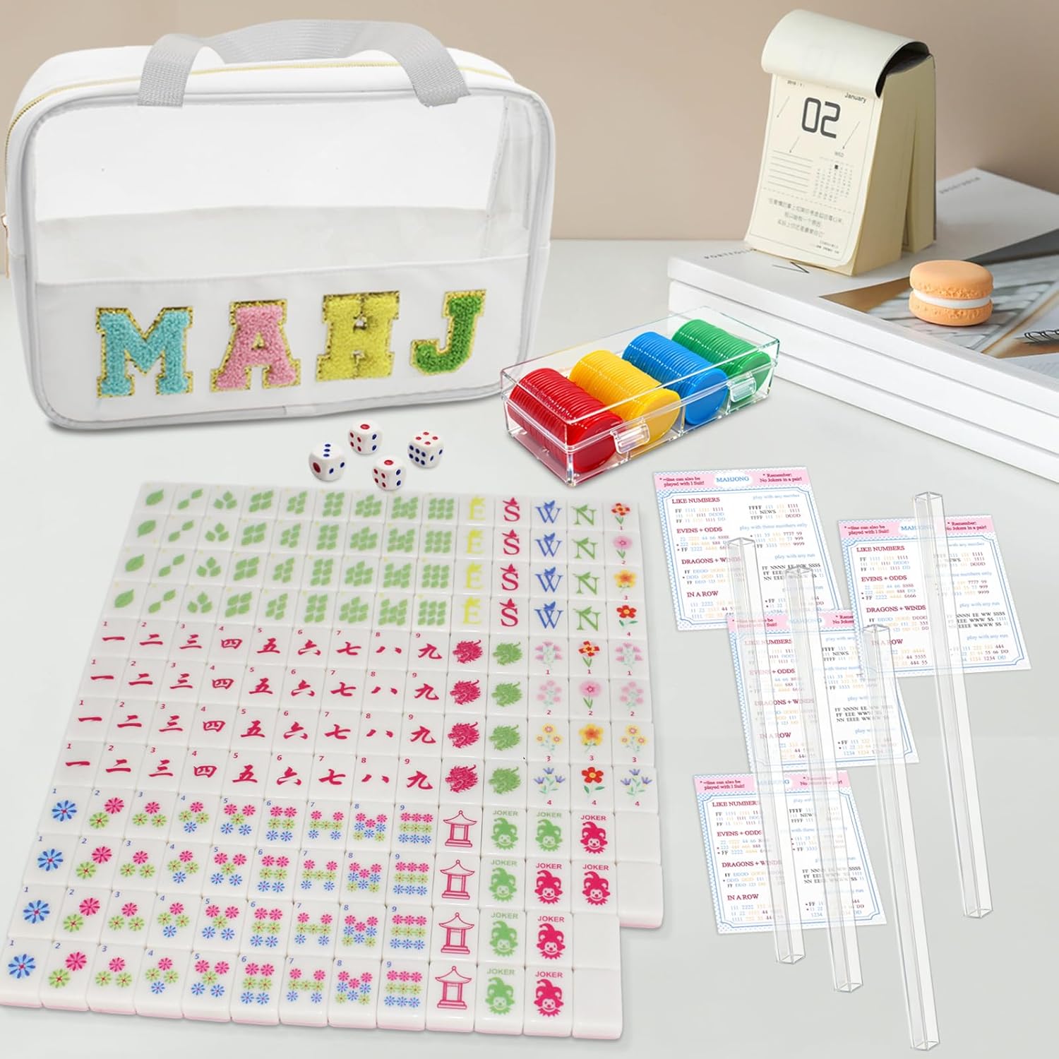 Mini Mahjong Set,American Mahjong Game Set,Complete Mahjong Tile Set with 166 White Tiles (1.2’’),4 Tile rulers,4 dice,1 Bag,100 Chips,5 Instruction Manuals,Mahjong Game Gift for Enthusiasts