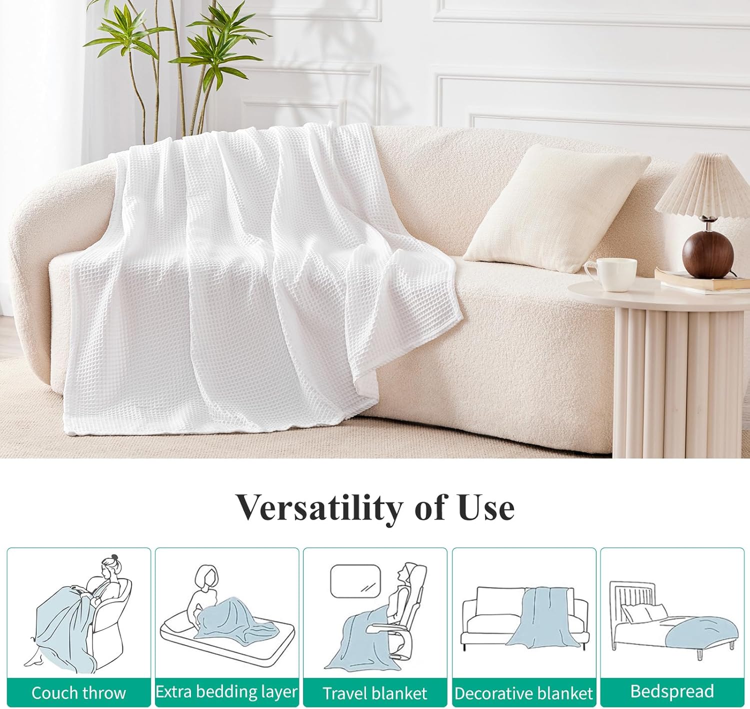 Aisbo Soft Waffle Weave Blanket Twin XL Size 66"x 90", Lightweight Summer Blanket, Breathable Cozy Woven Textured Blankets for Couch Bed Sofa Home Decor- White
