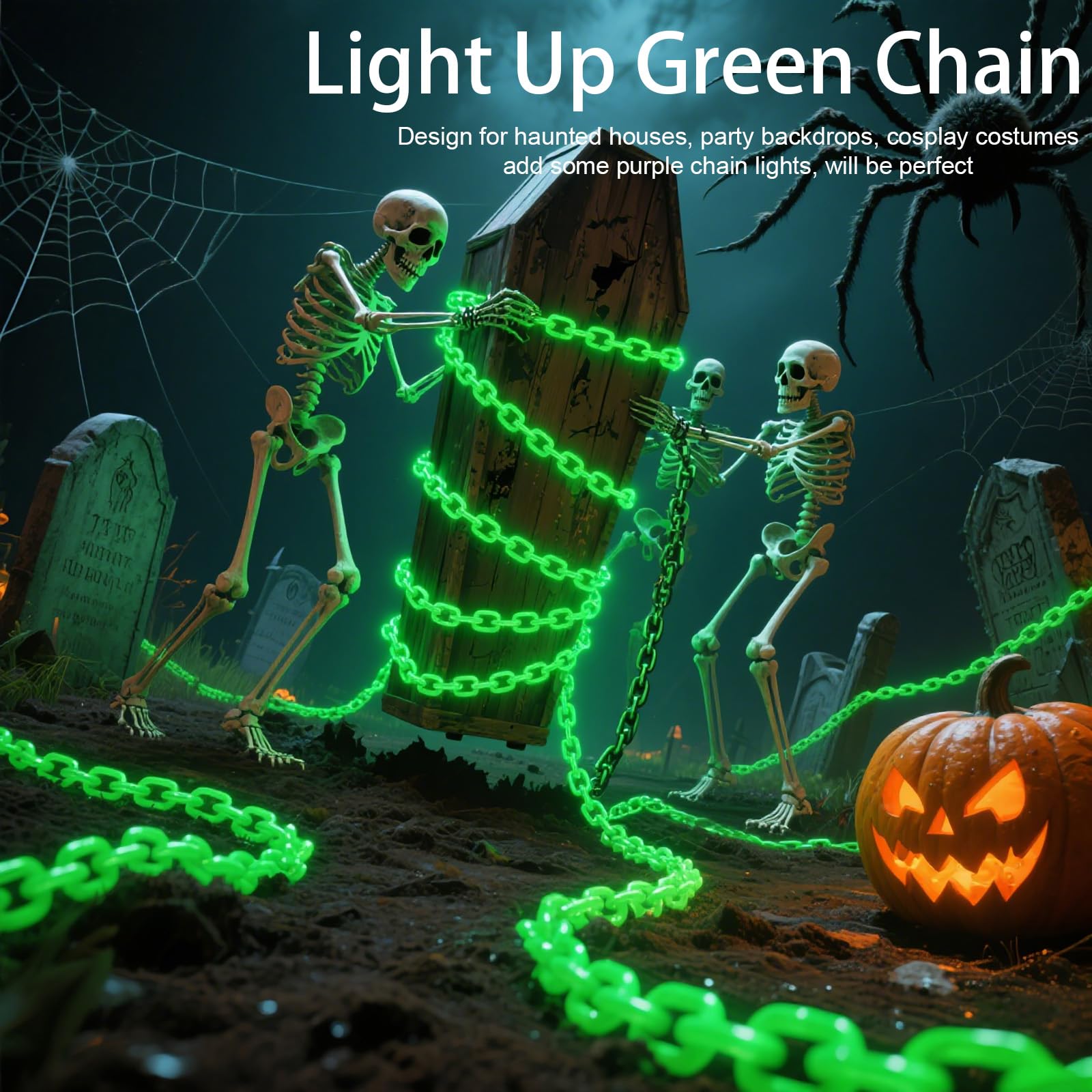 Catene verdi da 3 m a batteria, luci di Halloween, decorazioni di Halloween per esterni e interni, 8 modalità di illuminazione con timer per feste, casa infestata, scheletro, cane, raccapricciante