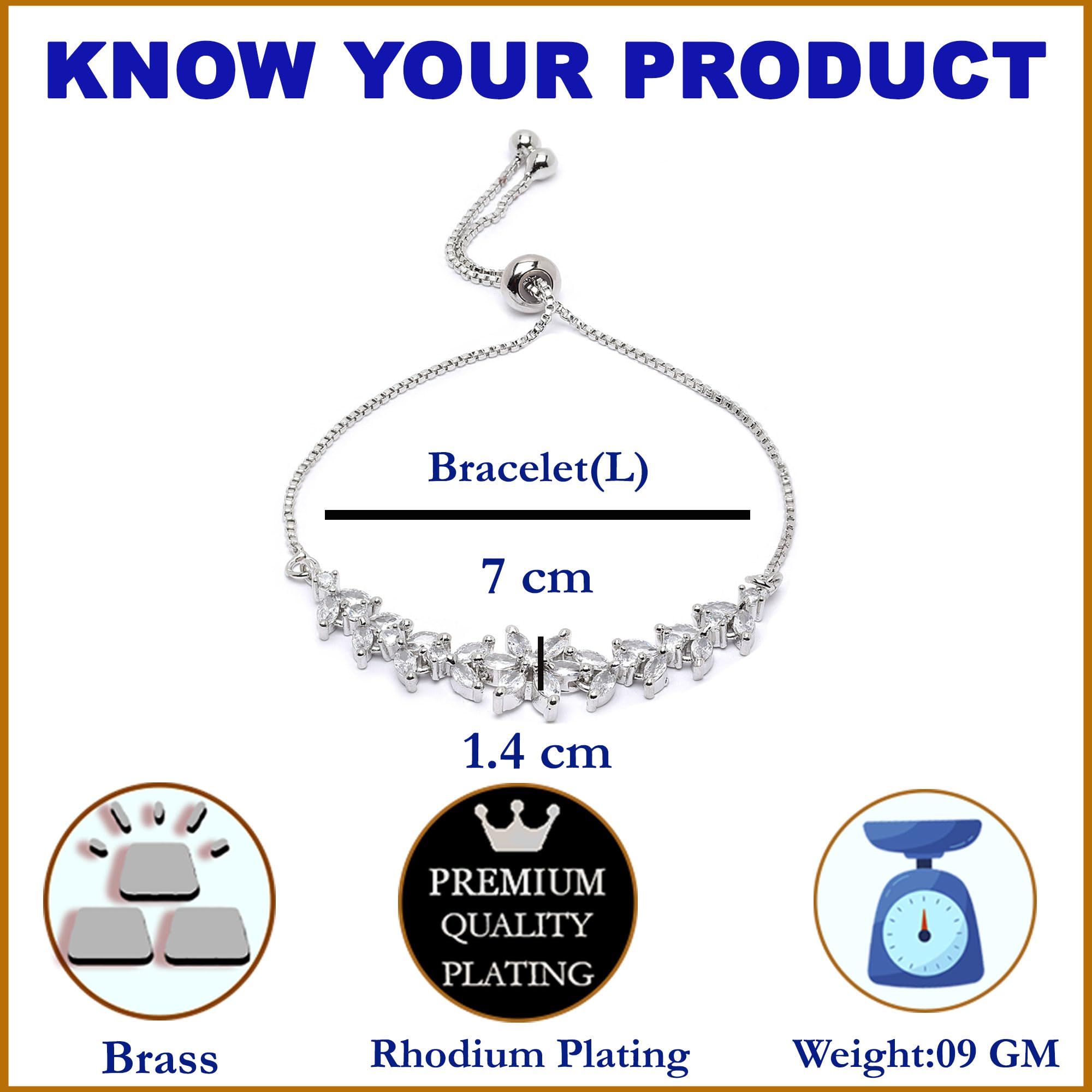 ZENEME Bracelet Rhodium-Plated Silver Toned Stylish Flower Shaped Crystal American Diamond Charm Bracelet For Women and Girls 3