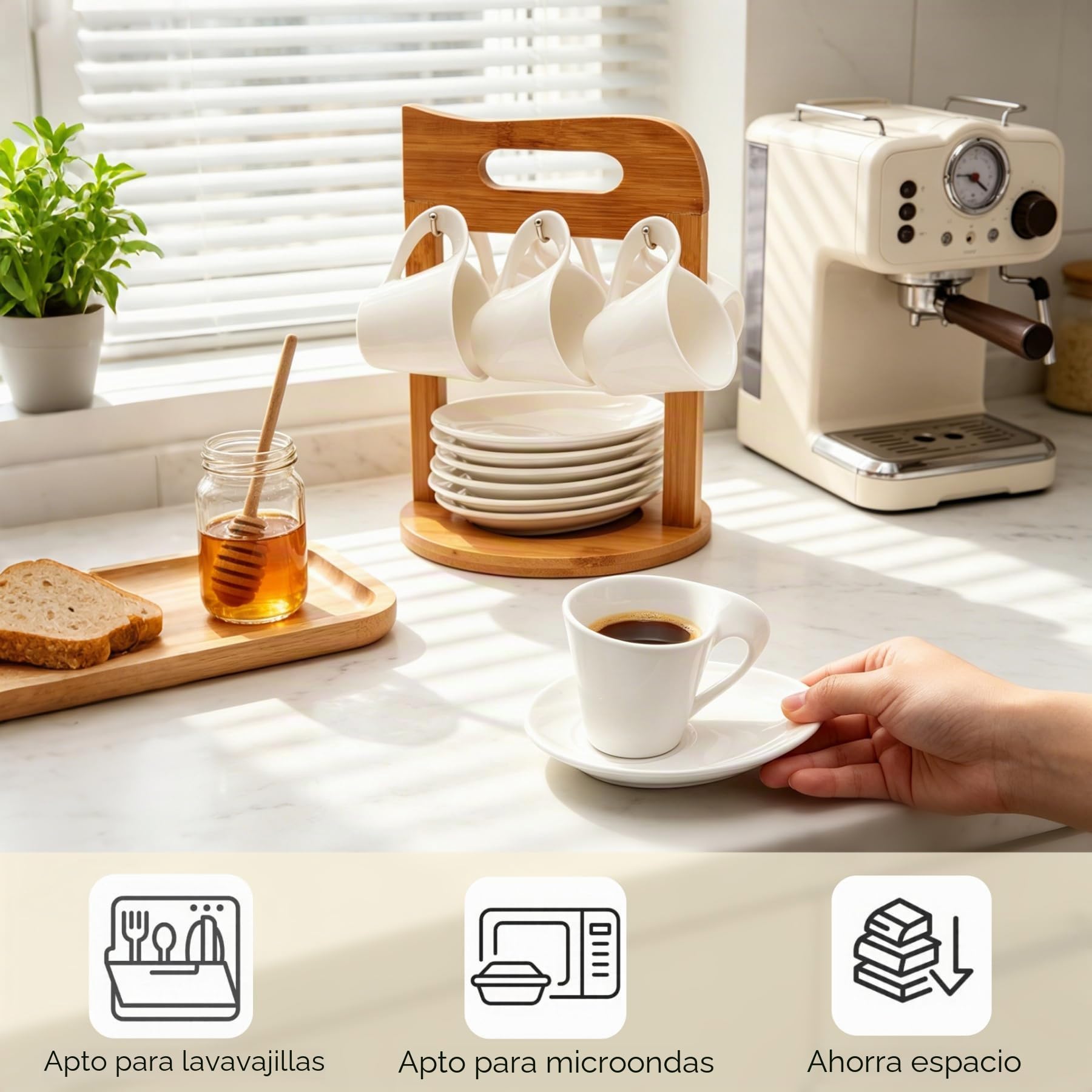 Juego de 6 tazas de café con platillos sobre soporte, tazas de espresso de porcelana, 80 ml, servicio de café para 6 personas