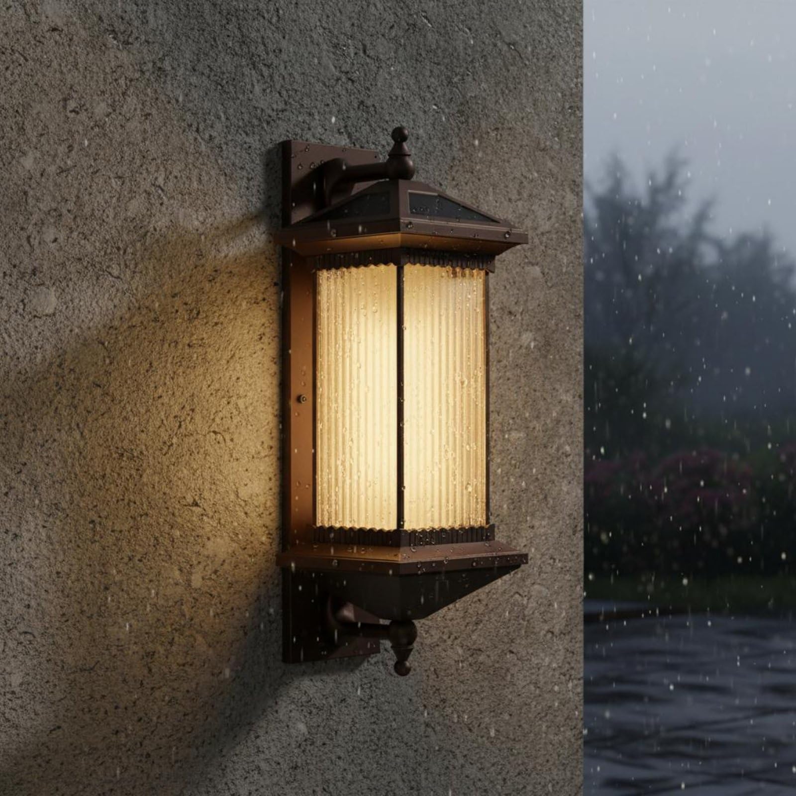 Outdoor Wandleuchte Solar Laterne Wandlampe Außenwandleuchte Solarleuchte mit Warmem Und Neutralem Licht aus Aluminium Und Glas IP55 für Haustür, Kabelgebunden, 78CM Höhe, Rillen-Glas