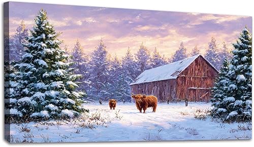 20"x 40" Canvas Wall Art Snow Christmas Winter Farmhouse Highland Cow Country Vintage Barn Framed Pictures Painting Prints Large Wall Art for Living