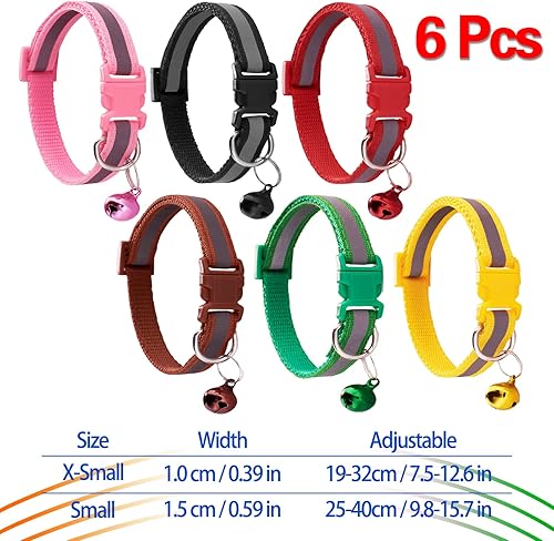 Miniatura 2 de Jecikelon 6 collares reflectantes ajustables para cachorros, collar para perros pequeños, collar de poliéster para gatos con campana, collar básico
