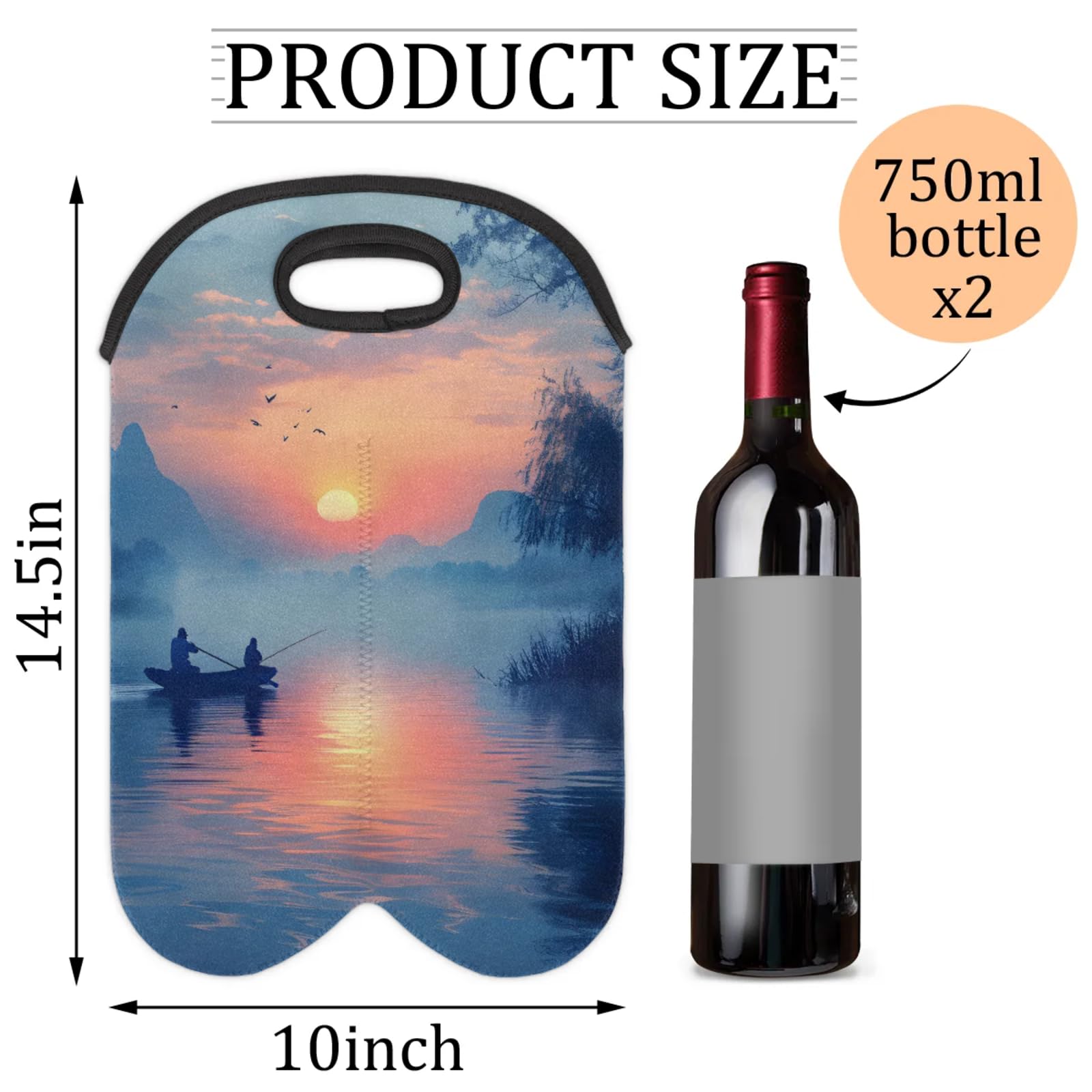 GzLeyigou 2 Bottles Lake Wine Bag Sleeve Totes Neoprene Protective Wine Carrier Bag for Wine,Water, Champagne, Beer, Baby Bottles,Gift 14.5 x 10 Inches