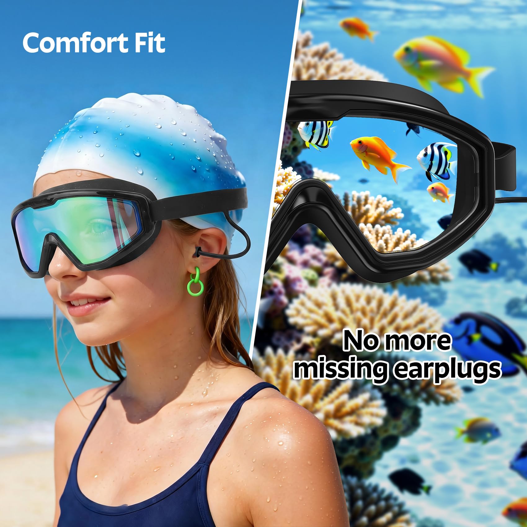 Schwimmbrille für Kinder von 6–14 Jahren, Schwimmbrille mit Ohrstöpseln, Nasenklammer, Anti-Beschlag-UV-Schutz, Weitsicht, großer Rahmen, Pool, Wasser, Kinderbrille für Jungen, Mädchen