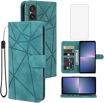 Case for Xperia 5 V Case, Sony 5V 5G XQ-DE54 Wallet Case with Tempered Glass Screen Protector, Flip Leather Case Credit Card Holder Wrist Strap Stand Phone Cover for Sony Xperia 5 V Green