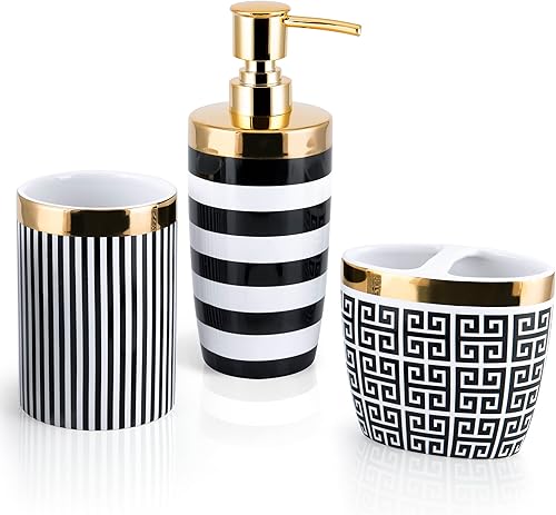 Miniatura 2 de Allure Home Creation Derby - Juego de accesorios de baño de cerámica de 3 piezas, color blanco y negro con acabado dorado metálico