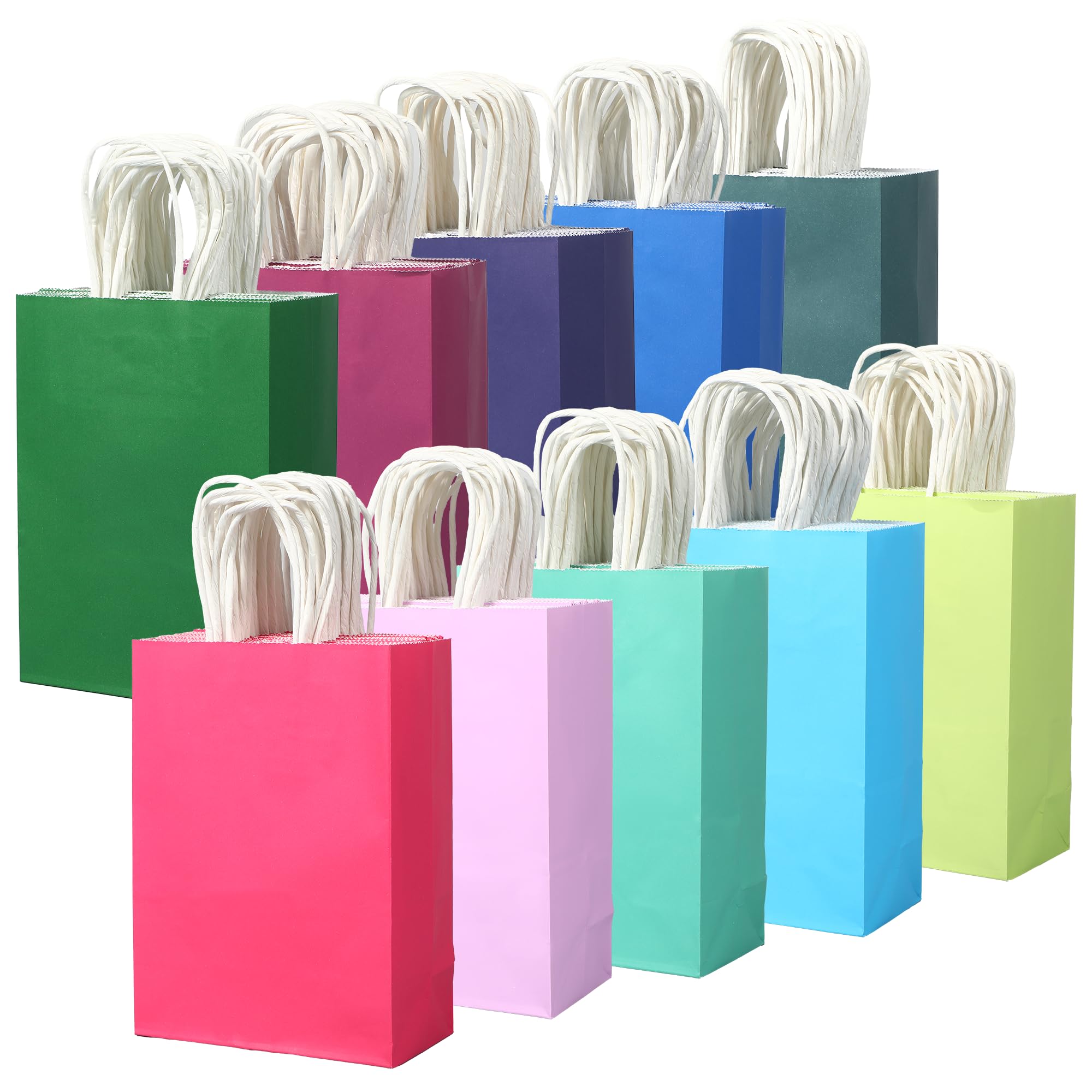 miikoul 120 Pcs 8.27"x5.9"x3.15" Colorful Paper Bags with Handles,10 Colors Small Gift Bags Bulk, Rainbow Colors Shopping Bags Goodie Bags for Wedding, Kids Birthday, Party Favor (Bright Color)