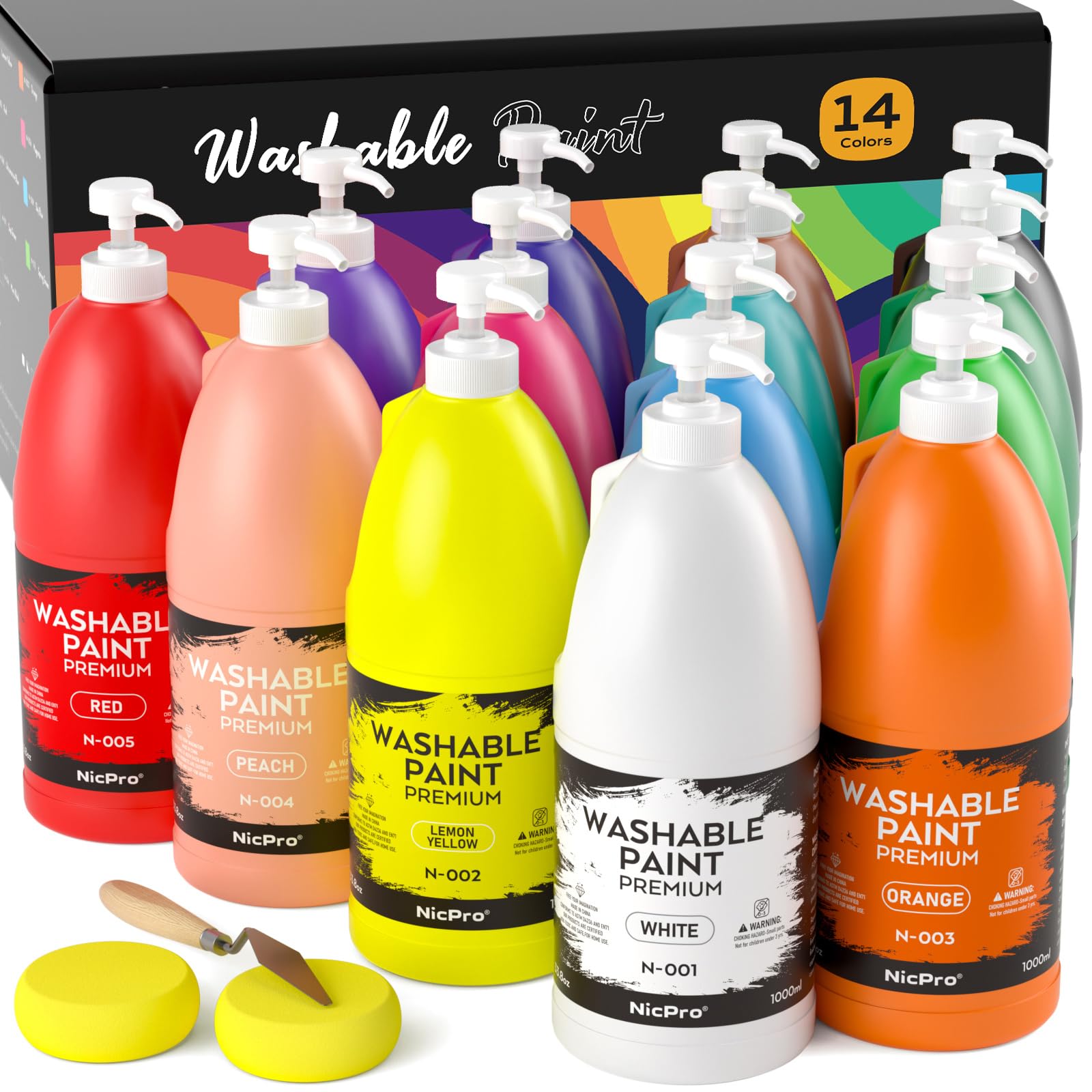 Nicpro 14 Colors Large Washable Paint Set (33.8 oz, 1000ml), Acrylic Bulk Paint Supplies Non Toxic Children Tempera Paint for Art, Craft DIY, Poster & Finger Paint, School, Home,Classroom