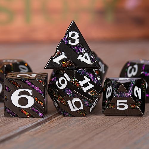 Miniatura 5 de Juego de dados de metal DND, juego de dados D&D de rayas metálicas con purpurina, 7 dados poliédricos con estuche de regalo para juego de mesa de