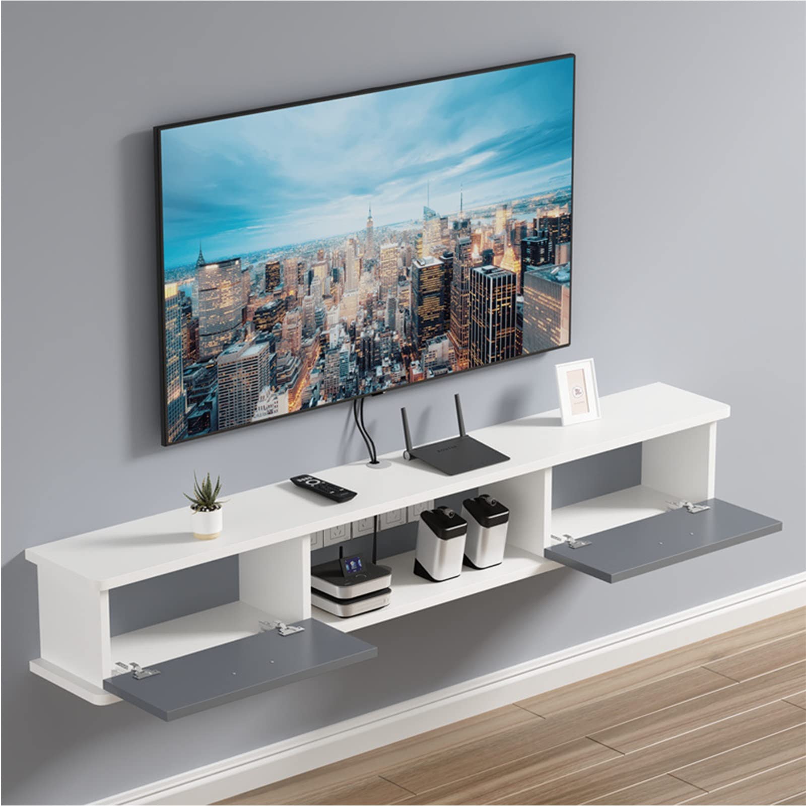 An der Wand montiertes TV-Gerät Schwimmender TV-Ständer Wandmontiertes Entertainment-Center-TV-Gerät mit 2 Türen, Wohnzimmer Schlafzimmer TV-Wandregal für Router Set-Top-Box-Projektor