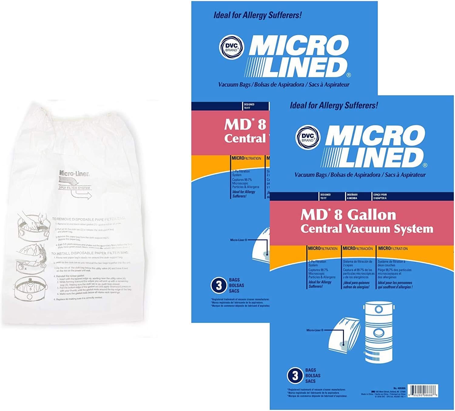 DVC Micro-Lined Paper Replacement Bags For Modern Day 8 Gallon Central Vacs - 6 Bags