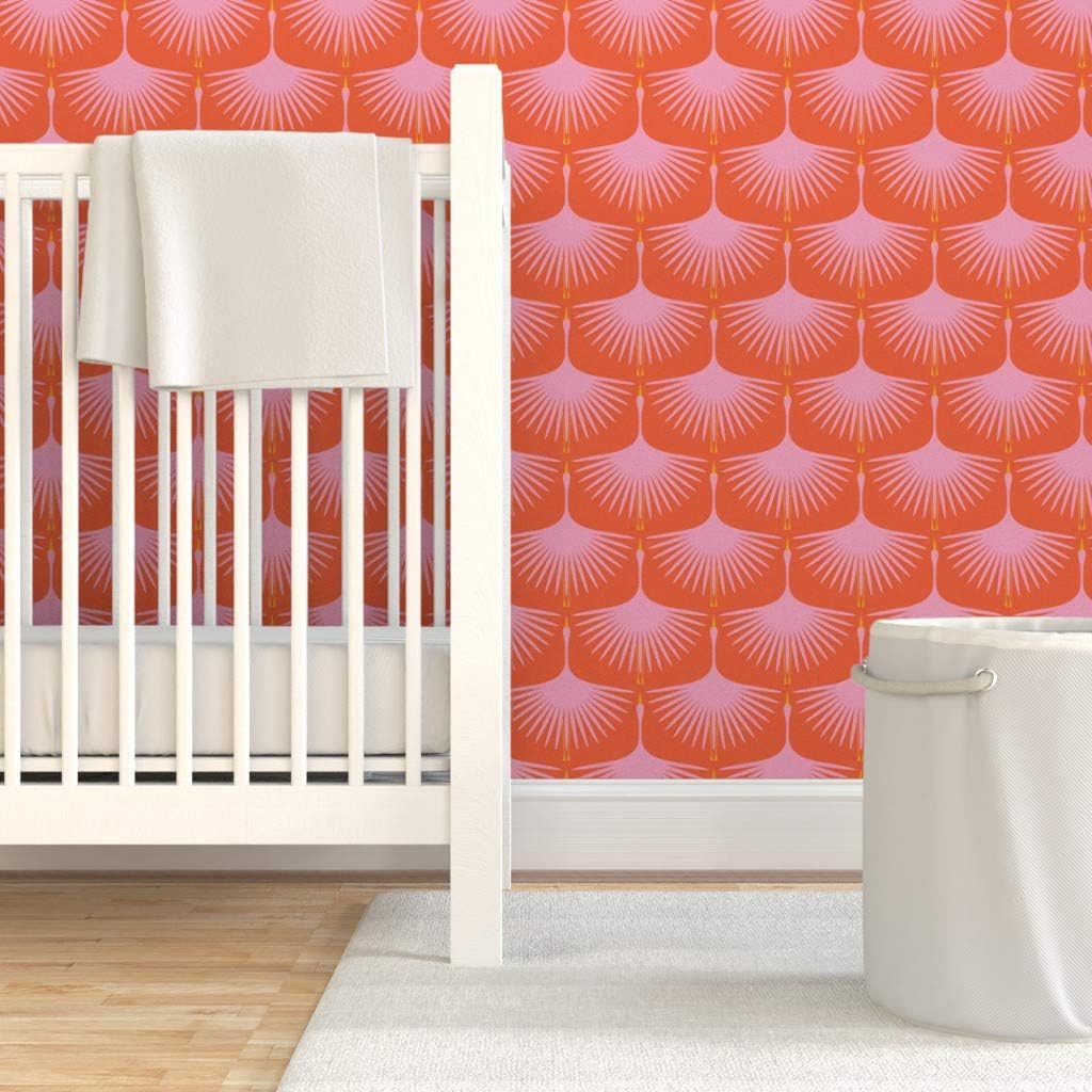 Peel & Stick Wallpaper Swatch - Art Deco Crane Pink Red Orange Retro Vintage Bird Swan Custom Removable Wallpaper by Spoonflower