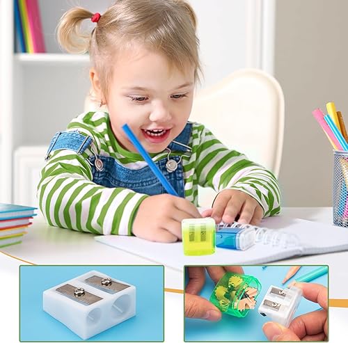 Miniatura 4 de JEFURE Sacapuntas manual pequeño con tapa, 24 unidades, 2 agujeros, sacapuntas de doble agujero de mano de colores, sacapuntas de lápices de colores