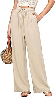 GRAPENT Wide Leg Pants Woman Linen High Waisted Pull On Flowy Casual Baggy Drawstring Palazzo Trousers Pants Resort Wear