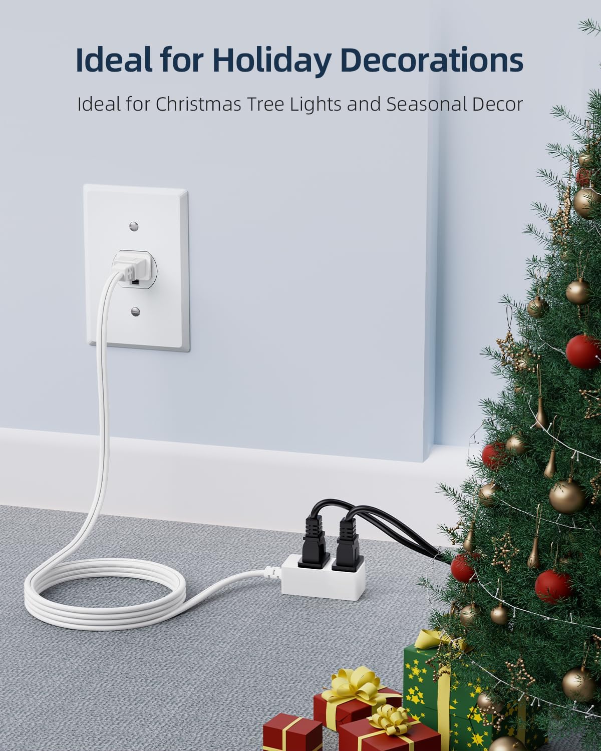 Indoor Extension Cord 12 Ft - White 2-Prong Power Strip with 3 Polarized Outlets & Safety Slide Windows, 16/2 AWG, 13A/1625W for Home, Office & Travel