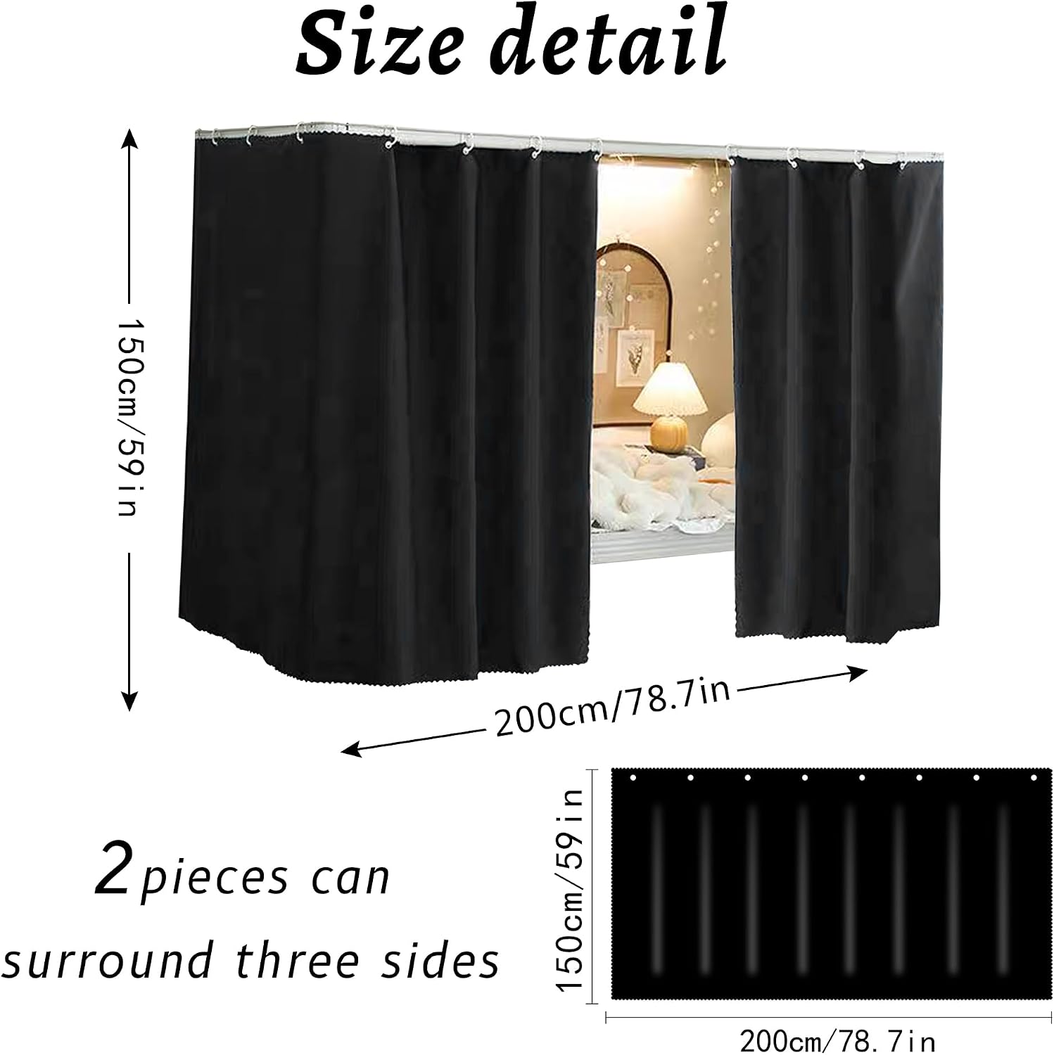 Beautiful Solid Black Bunk Bed Curtains Drapes Privacy Bed Canopy for Bottom, 2 Panels