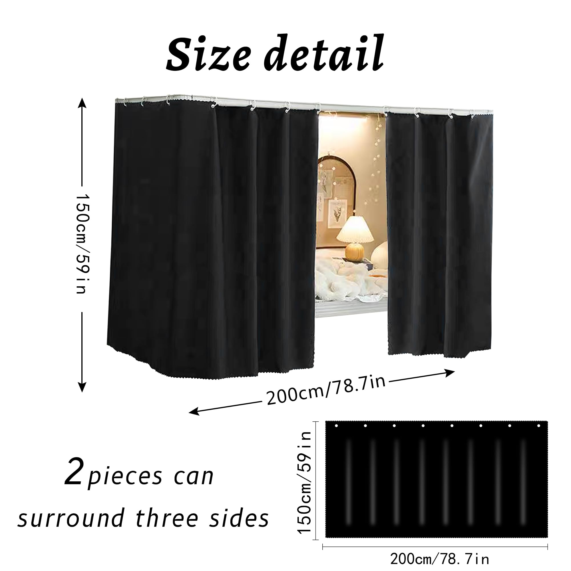 Bunk Bed Curtains Dorm Room Privacy Canopy Blackout Bunk Bed Drapes for Bottom Bunk Bed, Black -2panels, 78 x 59 inches - Image 3