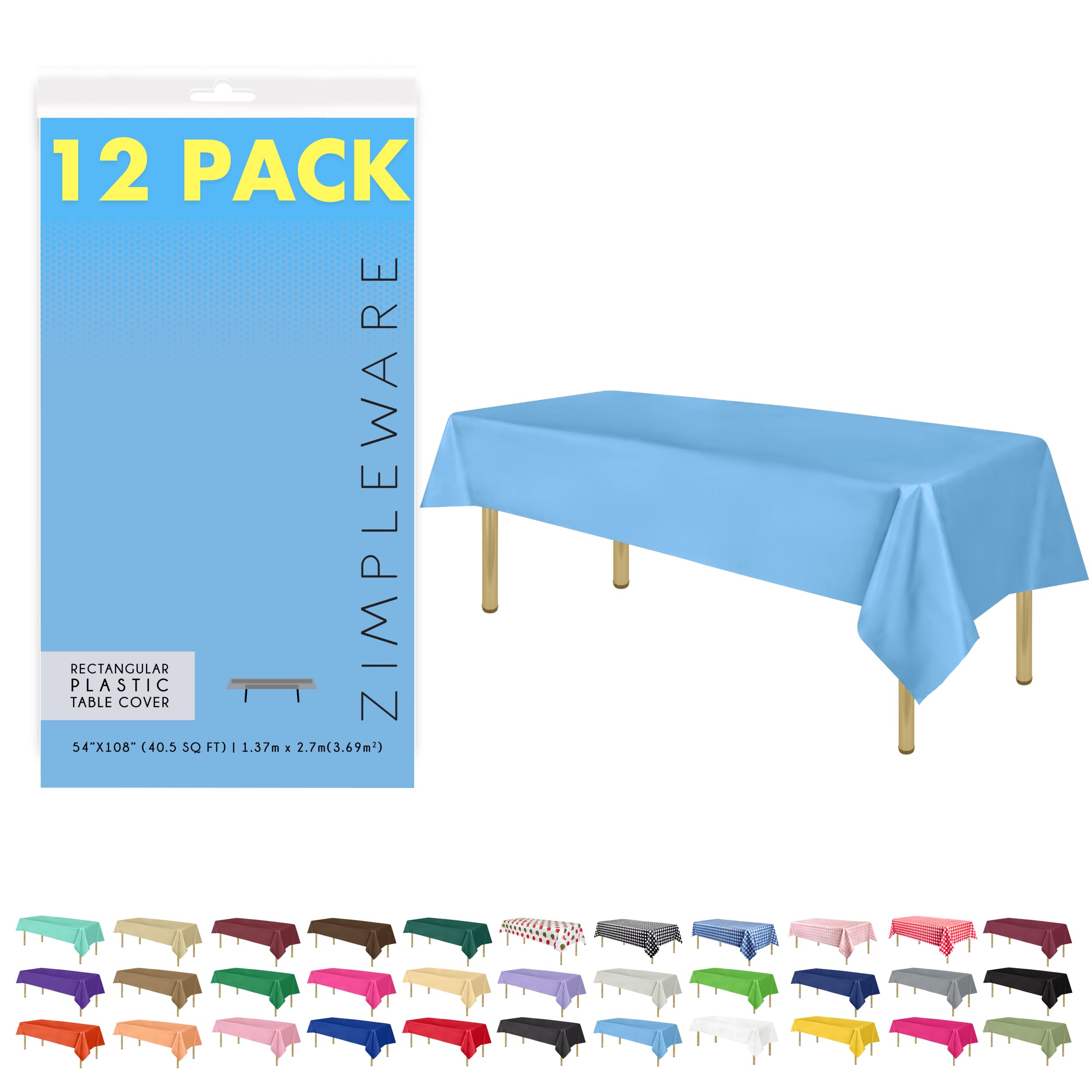 ZIMPLEWARE Premium Sky Blue Plastic Table Cloth Disposable (12 Pk) Plastic Tablecloths for Rectangle Tables (54in x 108in) Party Table Cloths Disposable for 6ft to 8ft Rectangle Tables