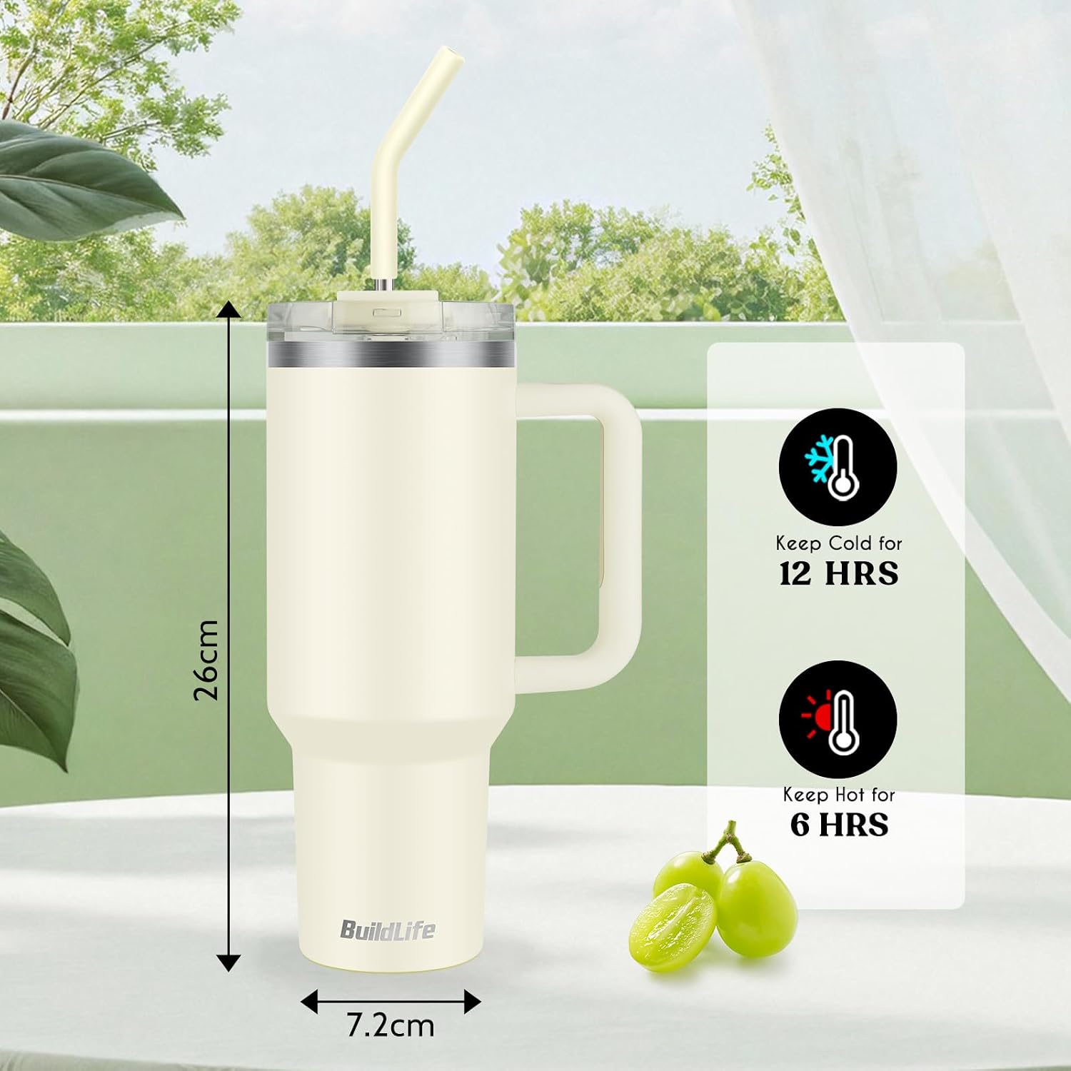 BuildLife 40 oz Thermal Mug to Go, Thermal Mug with Straw and Handle, Double-Walled Insulated Stainless Steel, Leak-Proof Drinking Cup, BPA-Free, Dishwasher Safe (Cream Tonal, 1200 ml) image 3