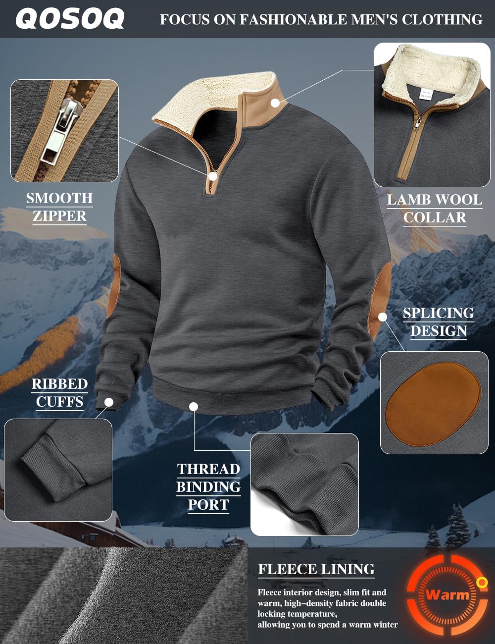 Men's Fleece Sweatshirts Vintage Quarter Zip Pullover shirt Casual Long Sleeve Sweatshirt warm tops - Image 6