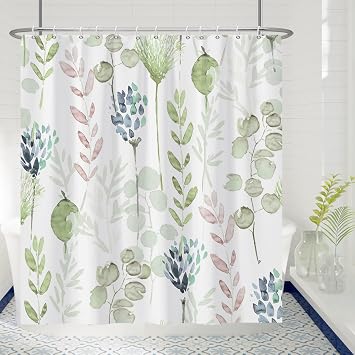 Plant Shower Curtain, Green Plants Herb Floral Bathroom Curtain, Green Leaves Botanical Shower Curtain Set with 12 Hooks for Bathroom 72Wx72L inch