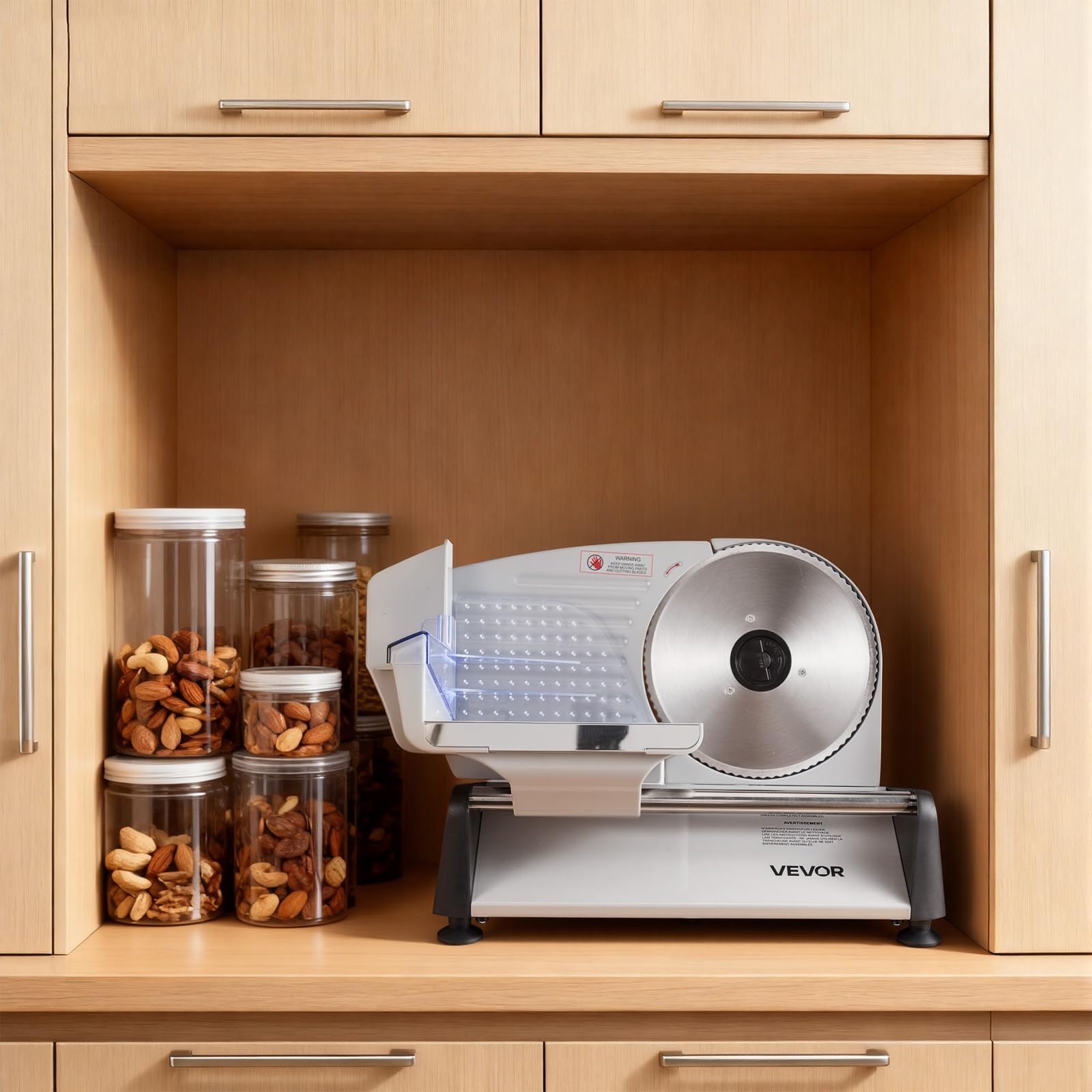 VEVOR Cortafiambres Eléctrico 200 W, Cortadora de Fiambre con Cuchilla Afilada de 190 mm, Velocidad de Corte de 70 a 100 RPM, Grosor Ajustable de 0 a 15 mm, para Carne Congelada, Jamón, Baguette