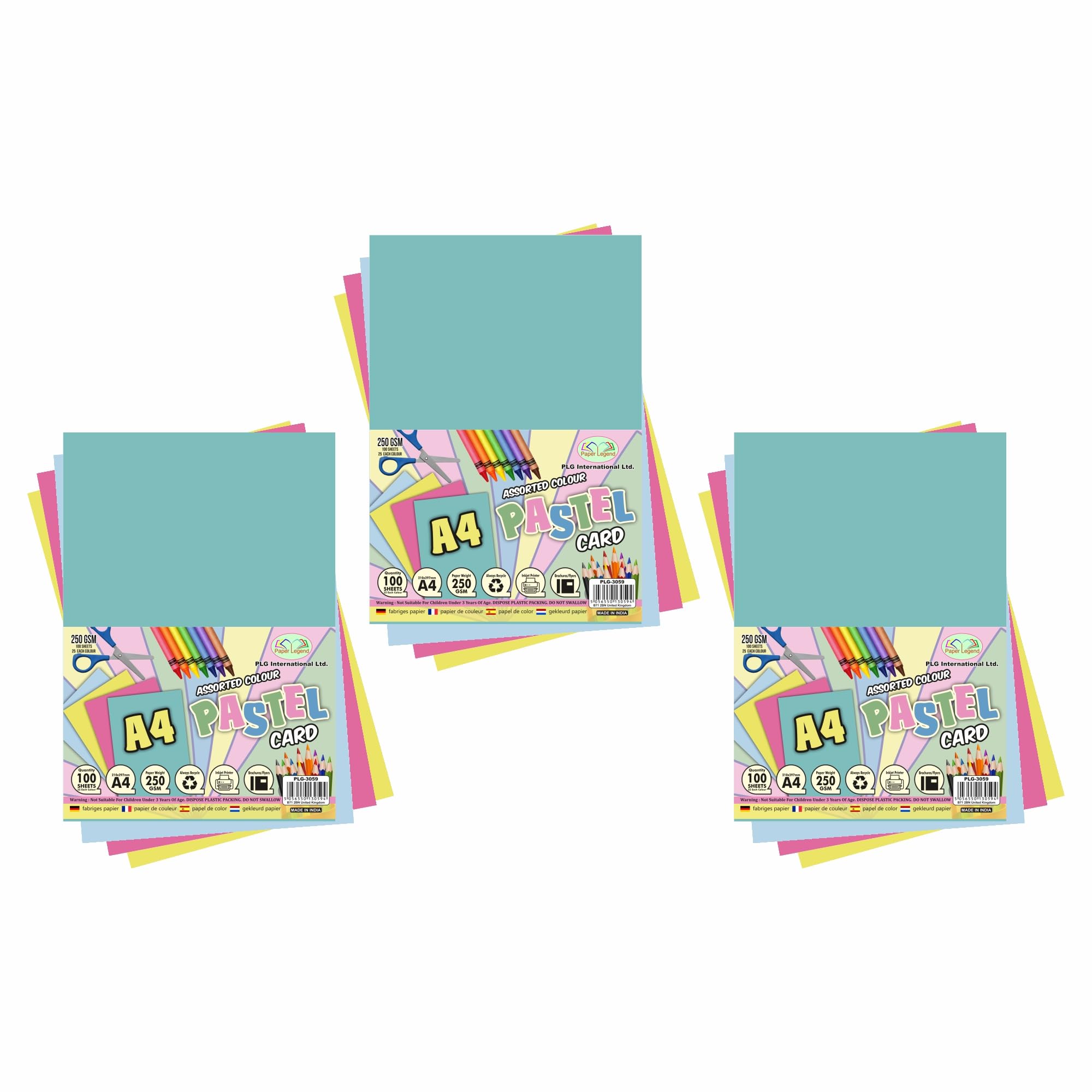A4 Cards, 250 GSM Activity Card, 100 Coloured Sheets | Print & Craft Card, Kids DIY Paper Craft, Card Making for Home School Office (Assorted Colour Pastel Card, Pack of 3)