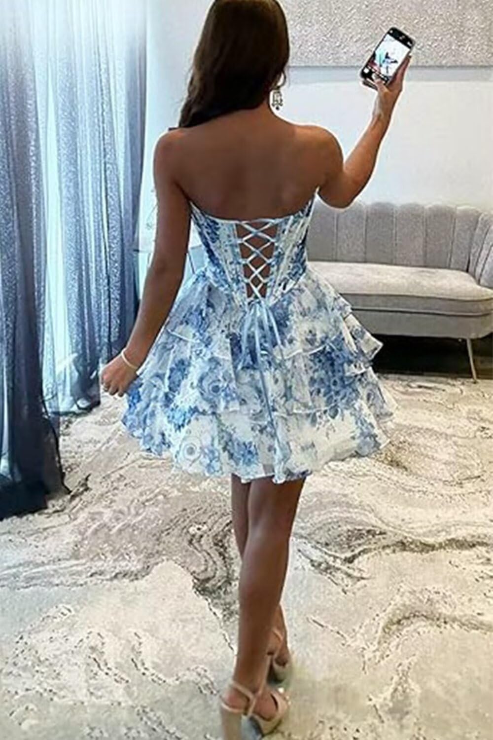 Junior's Strapless Corset Homecoming Dresses Short Floral Chiffon Tiered A-Line Cocktail Party Dress