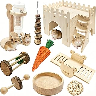 Hamster Cage Accessories, Hamster Toys, Wooden Maze House, Water Bottle with Stand, Feeding Bowl, Suitable for Hamsters, Mice and Other Small Animals Habitats