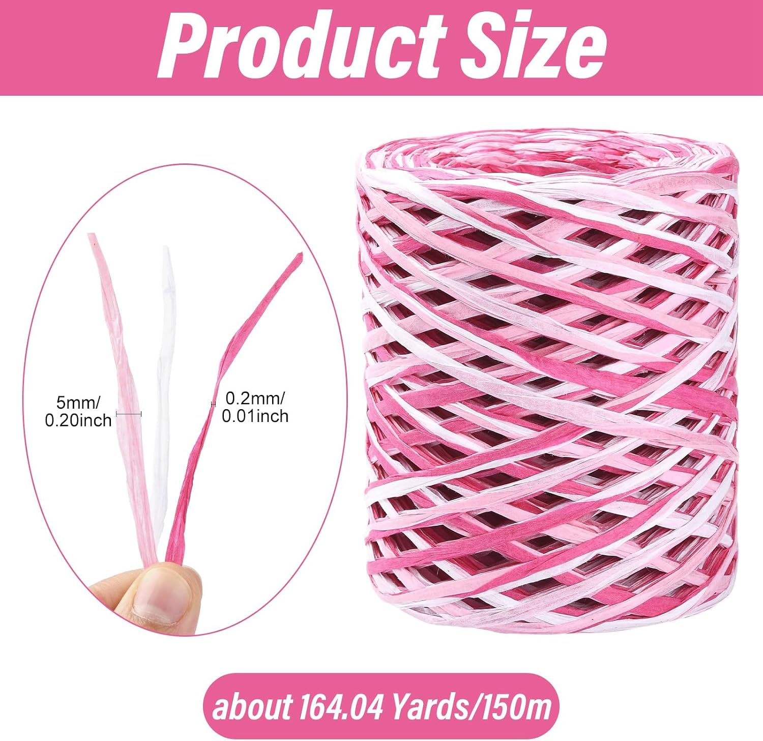 164.04 Yards/150M Pink Raffia Ribbon, Segment Paper Twine Yarn String, for Wedding Party DIY Handmade Craft Bouquets Present Wrapping, 1 Roll
