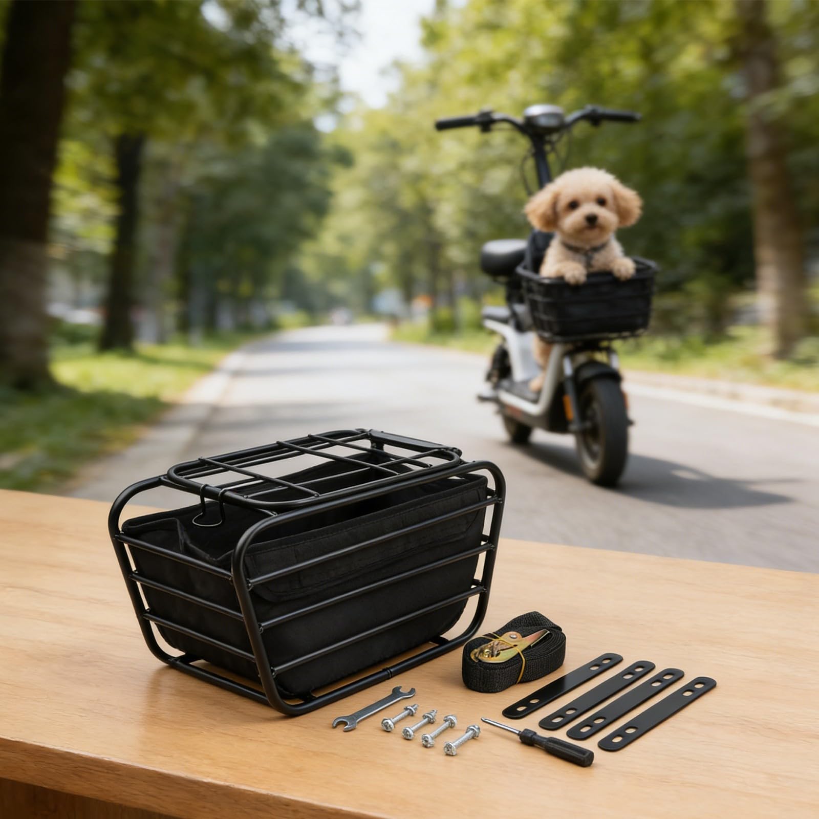 Cestino trasportino per biciclette elettriche e scooter elettrici, si monta sull'area del pedale anteriore, supporta fino a 20 kg di capacità di carico