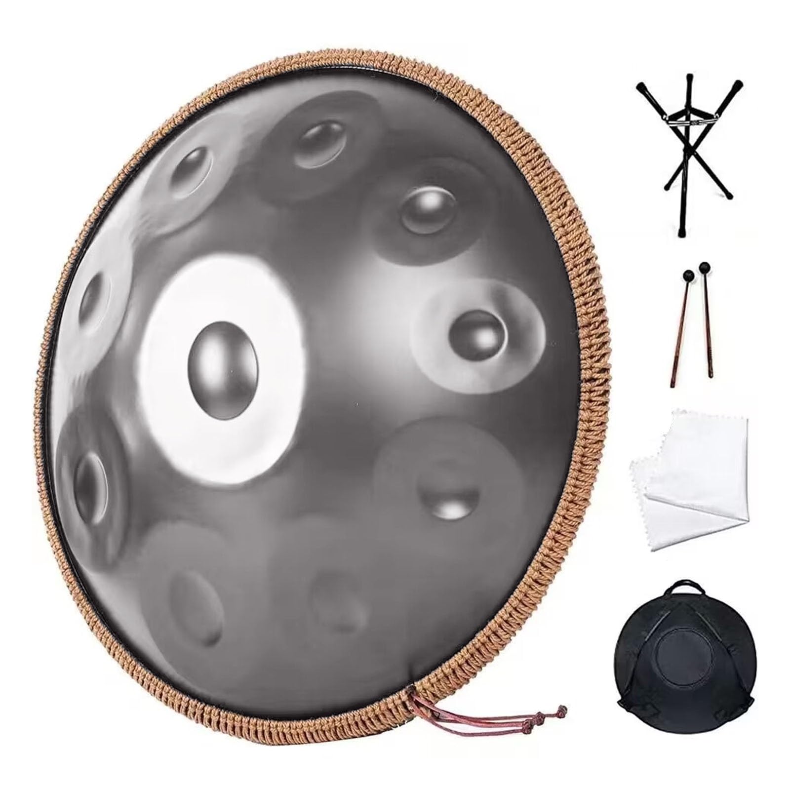 Instrumento Musical Handpan De Acero Inoxidable A 9 Notas, Handpans Nitrurados A 432 Hz con Bolsa Suave para Handpan, Soporte para Handpan Y Paño Antipolvo(Silver)