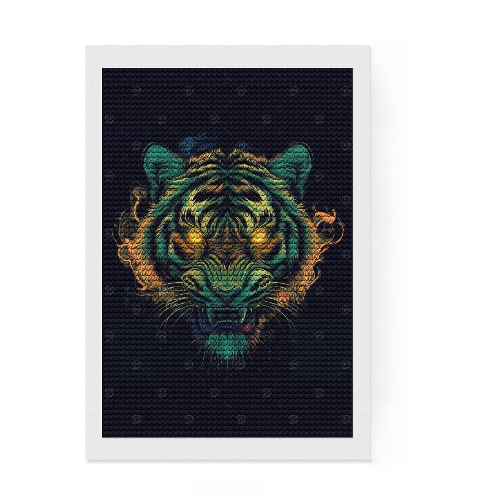 Junmoney Blazing Tiger Diamond Style Art Kit 8"x12", Round Gems, Mindful Craft Project, Thoughtful Present, Aesthetic Room Decor
