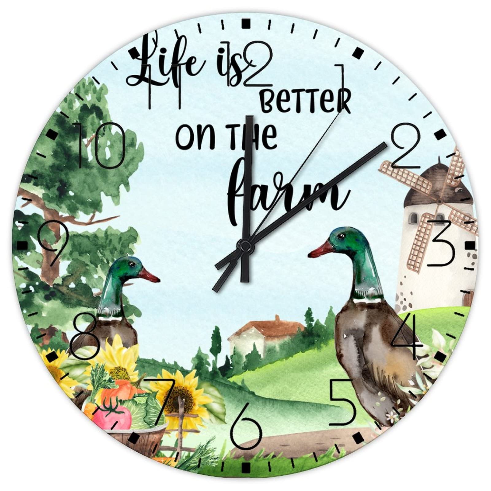 Horloge en bois silencieuse haut de gamme avec peinture d'art rustique tournesol