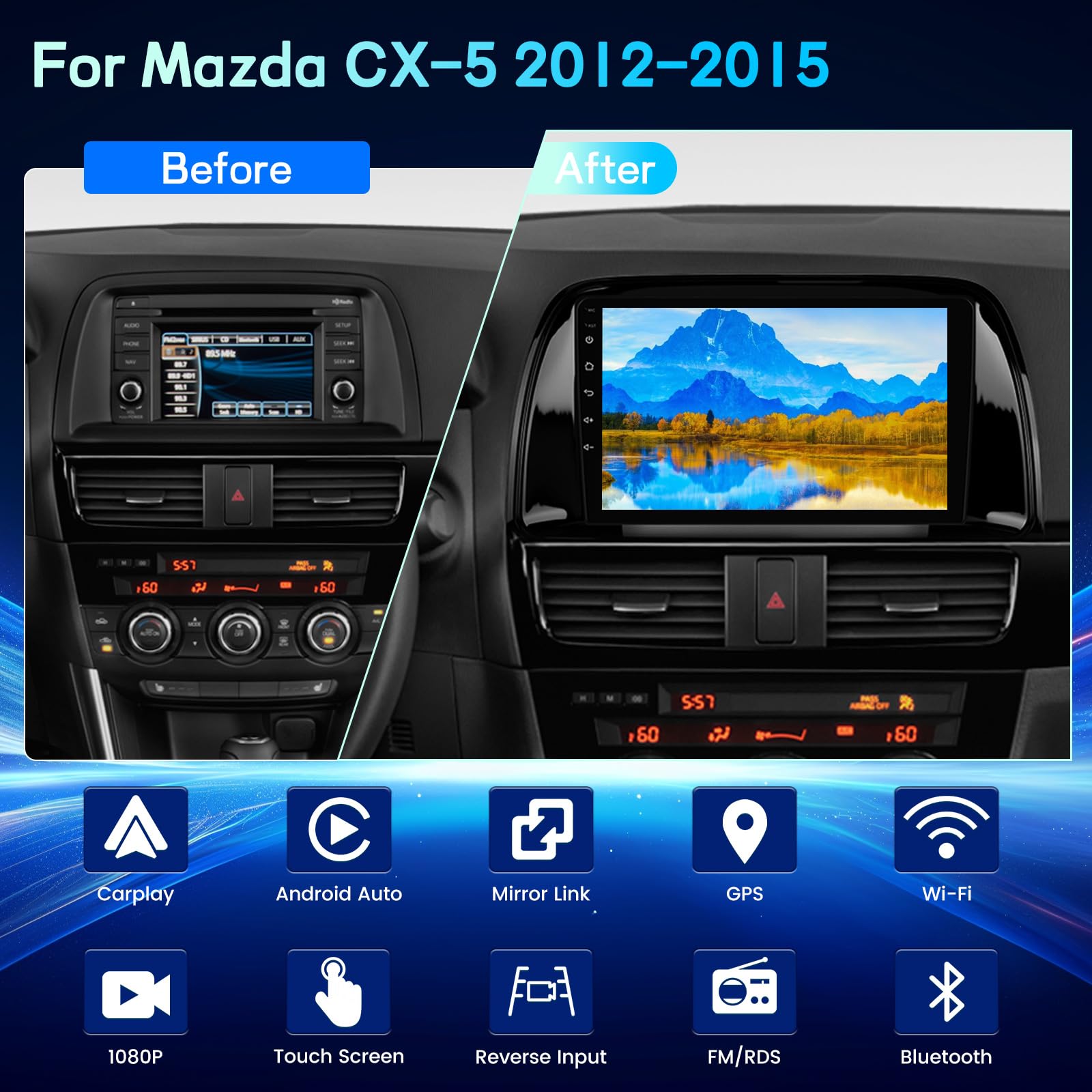 2GB+64GB Autoradio Android per Mazda CX-5 2012-2015 con CarPlay&Android Auto Senza Fili, 9 Pollici Touchscreen Auto Radio con EQ DSP, WiFi, Navigazione GPS, FM RDS, Bluetooth+Telecamera di Retromarcia