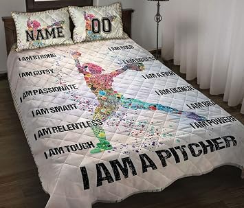 OhaPrints Custom Pitcher Softball Girl Player Fan Personalized Name Number Quilt Blanket & Pillowcases, Quilts Bedding Set & Pillow Cover, King Queen Double Twin Throw Full Size Bedspread Bed Sets