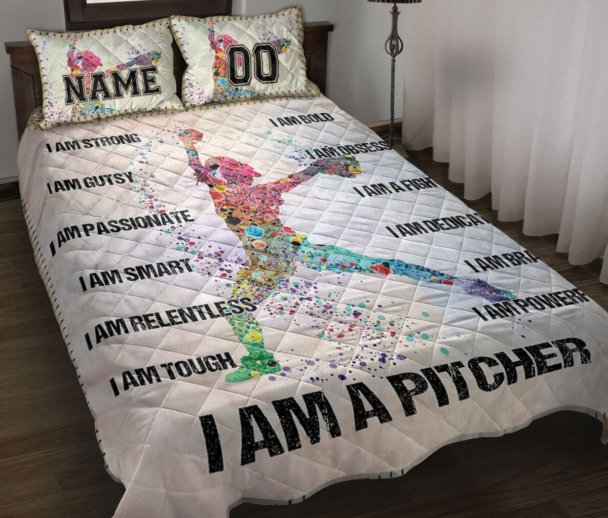 OhaPrints Custom Pitcher Softball Girl Player Fan Personalized Name Number Quilt Blanket & Pillowcases, Quilts Bedding Set & Pillow Cover, King Queen