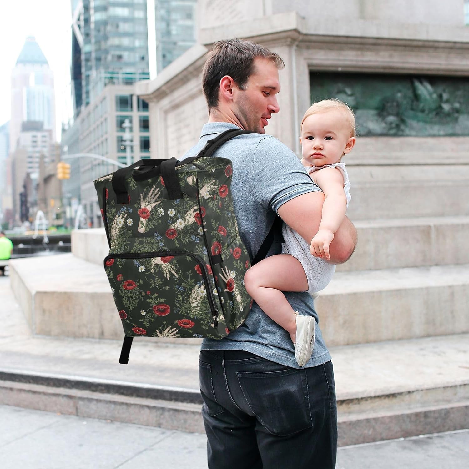 SPRIPORT Garden Flowers Hand Black Pattern Diaper Bag Backpack for Baby Boys Girls Multifunction Baby Essentials Travel Tote with Stroller Straps & Bottle Storage Maternity Travel Bag for Baby Gifts