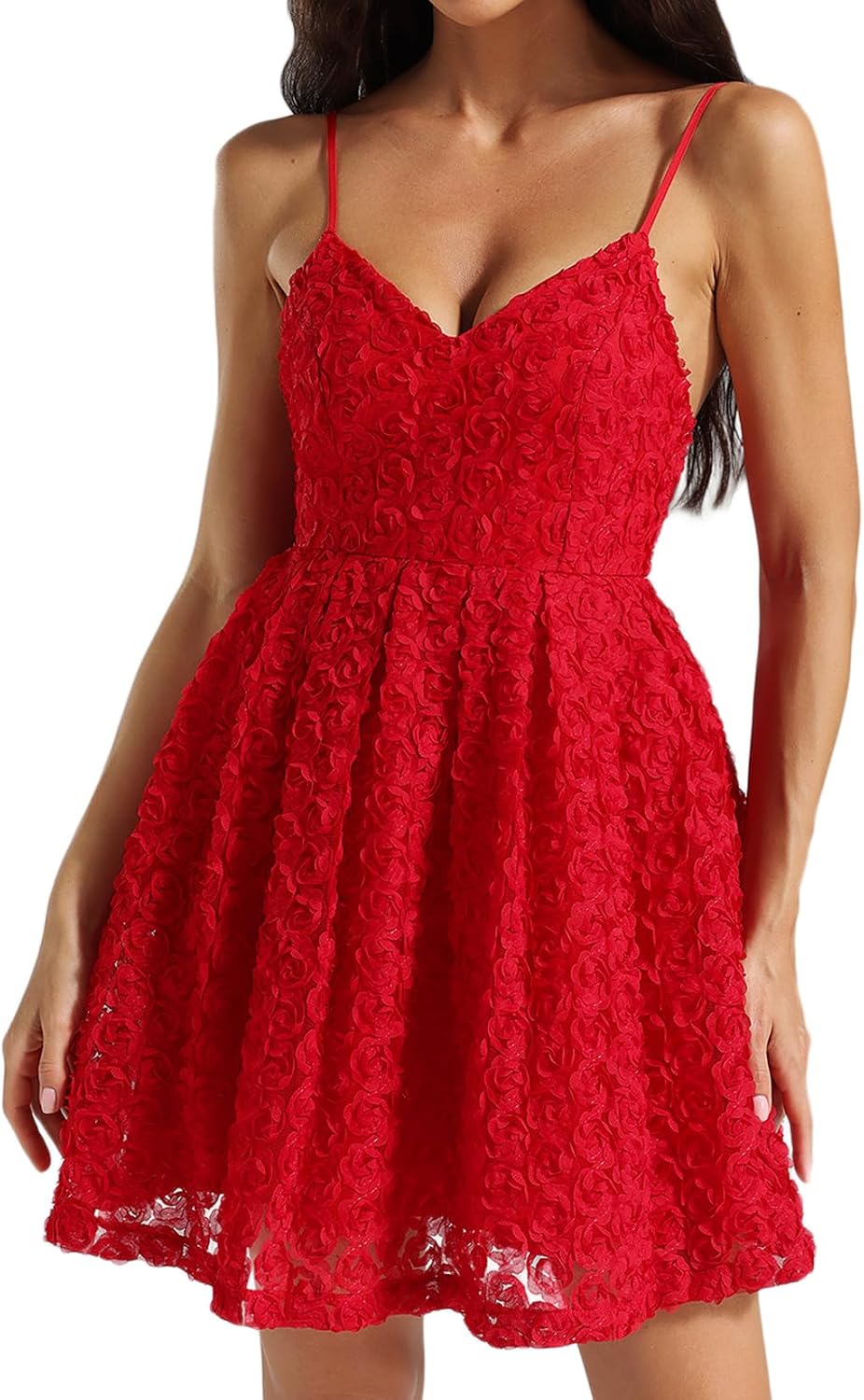 Embroidered Dress for Women Red Tempting Corset Dress Deep V Pleated Dress Mini Mesh Dress Lace Dress Spaghetti Strap Dress