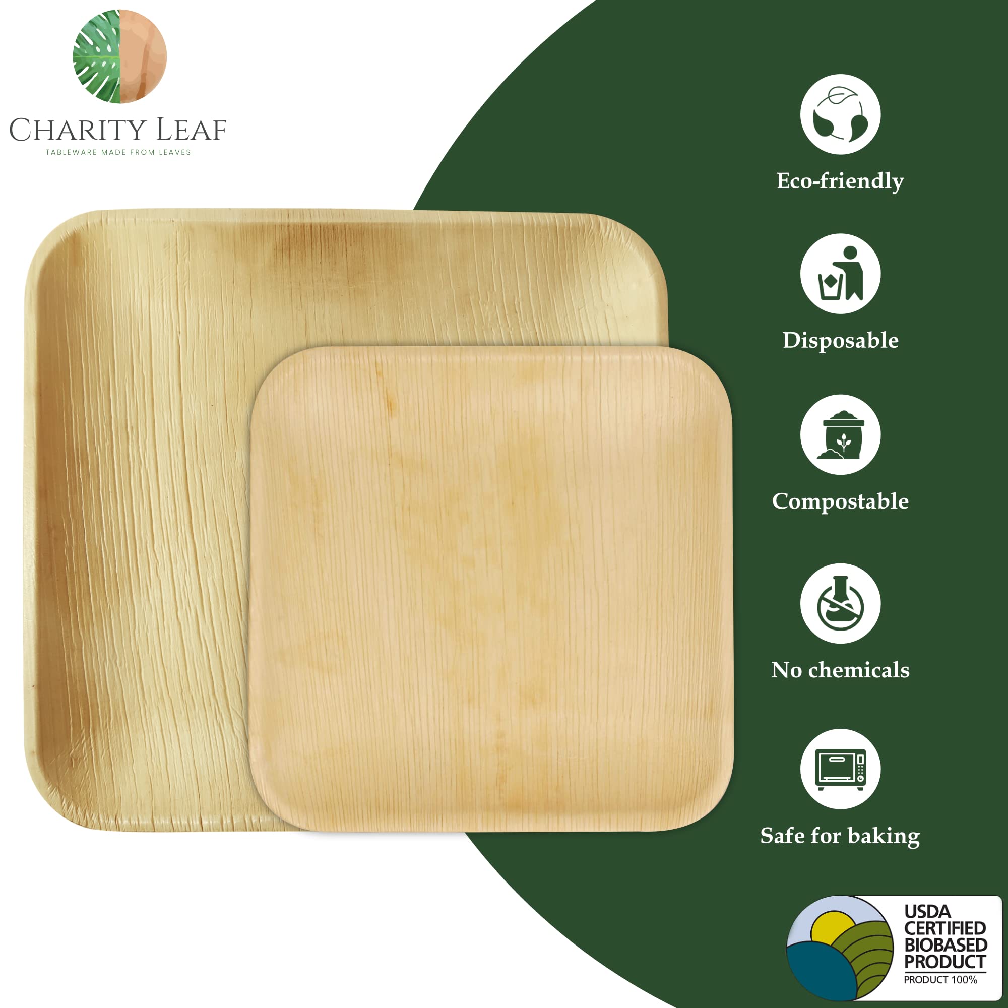 Charity Leaf - Juego de Platos Desechables de Hoja de Palma como Platos Cuadrados de bambú | Bodas, Tablas de Embutidos, barbacoas y Fiestas | 10 Cuadrados (25 Platos) y 7 Cuadrados (25 Platos)