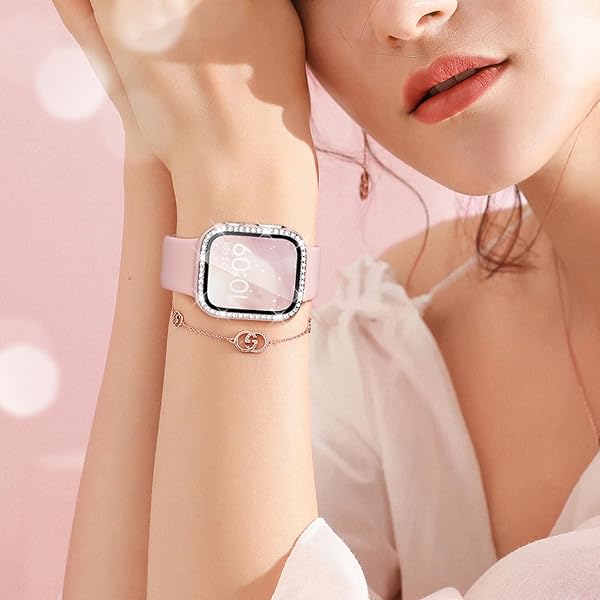 Silicone Band and Case Compatible with Apple Watch Bands for Women 40mm 44mm 41mm 45mm 42mm 46mm, Sport Strap with Bling Diamond Screen Protector Cover for iWatch Series 11/SE3/10/9/8/7/6/5/4 - 3