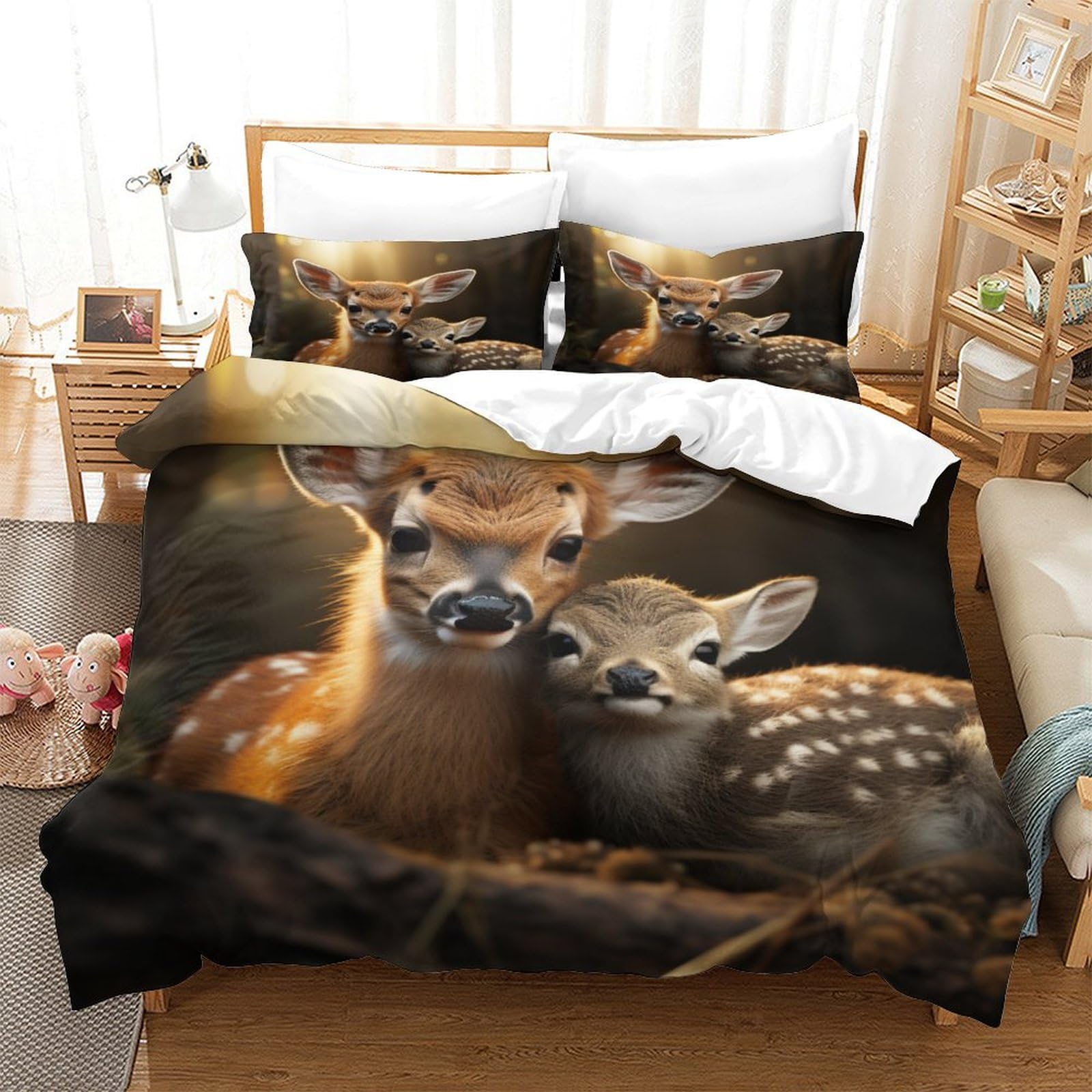 P1S9U7W5Y Woodland Design 3D Printed Deer Duvet Cover Set 3 Pieces Microfiber Bedroom Decor Deer Bedding Set Soft Breathable for Adults King（220x240cm）