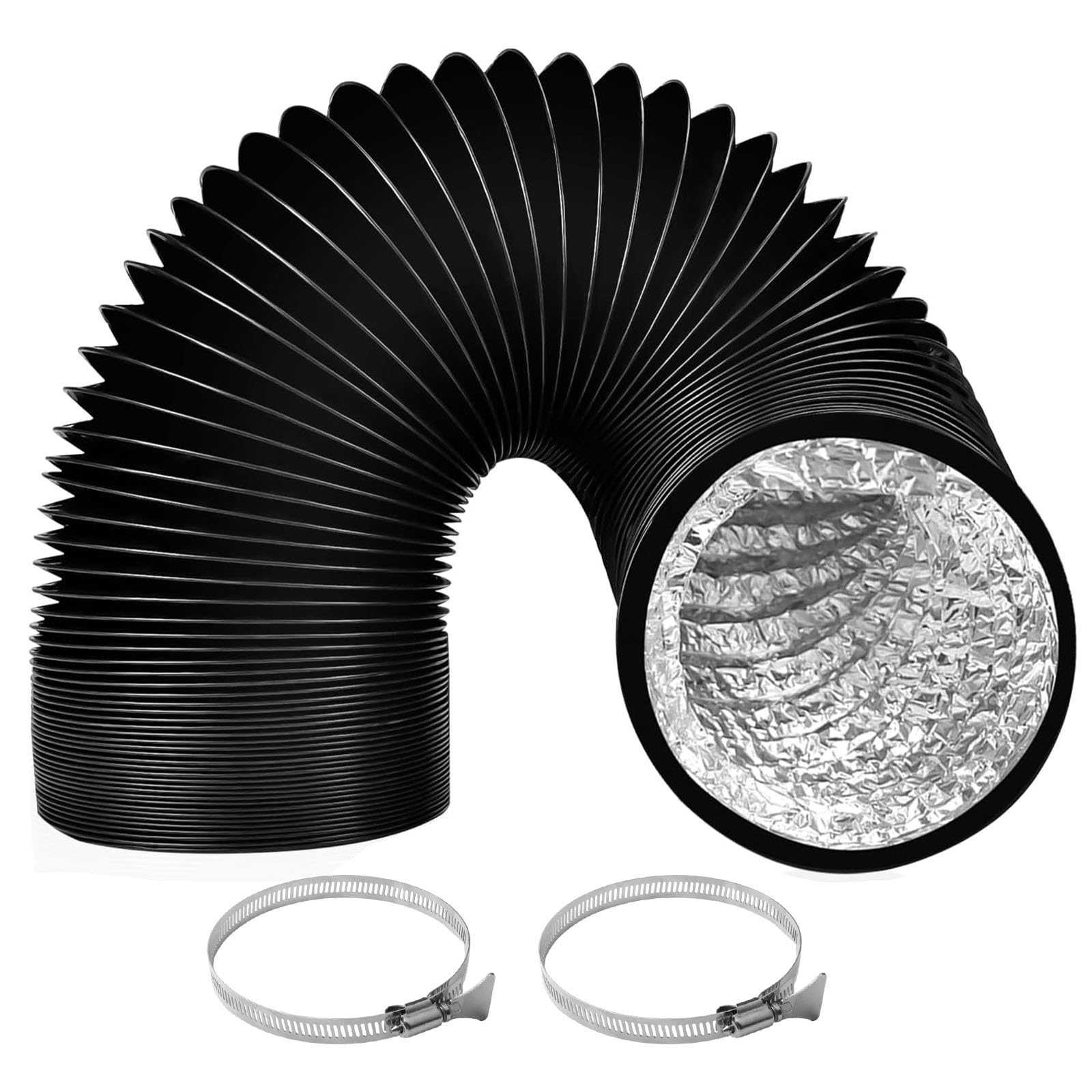 ComPDCVD 150mm Flexible Ducting 3m Black Aluminium PVC Ventilation Air Ducting with 2 Hose Clamps Air Ducting Tumble Dryer Vent Hose for Air Conditioning, Tumble Dryer, Extractor Hood